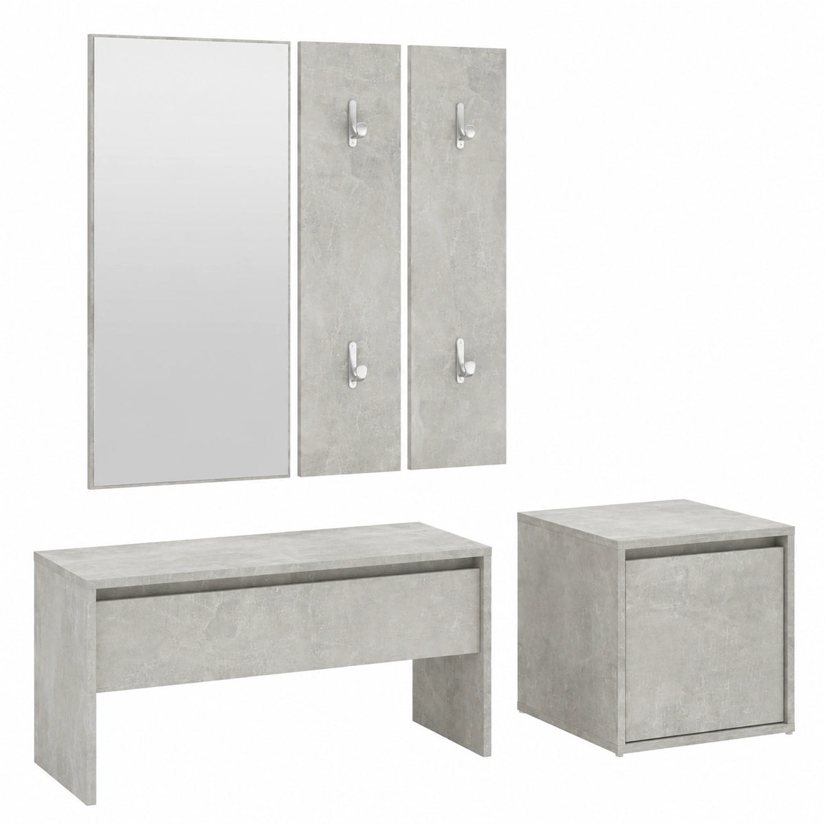 Set ingresso moderno in grigio cemento con panca, specchio e appendiabiti