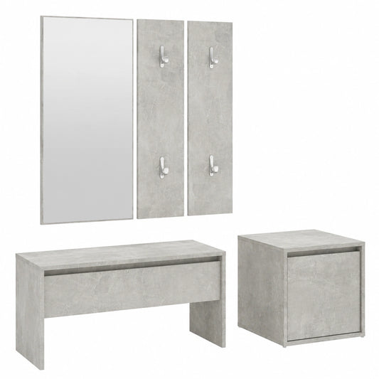 Set ingresso moderno in grigio cemento con panca, specchio e appendiabiti