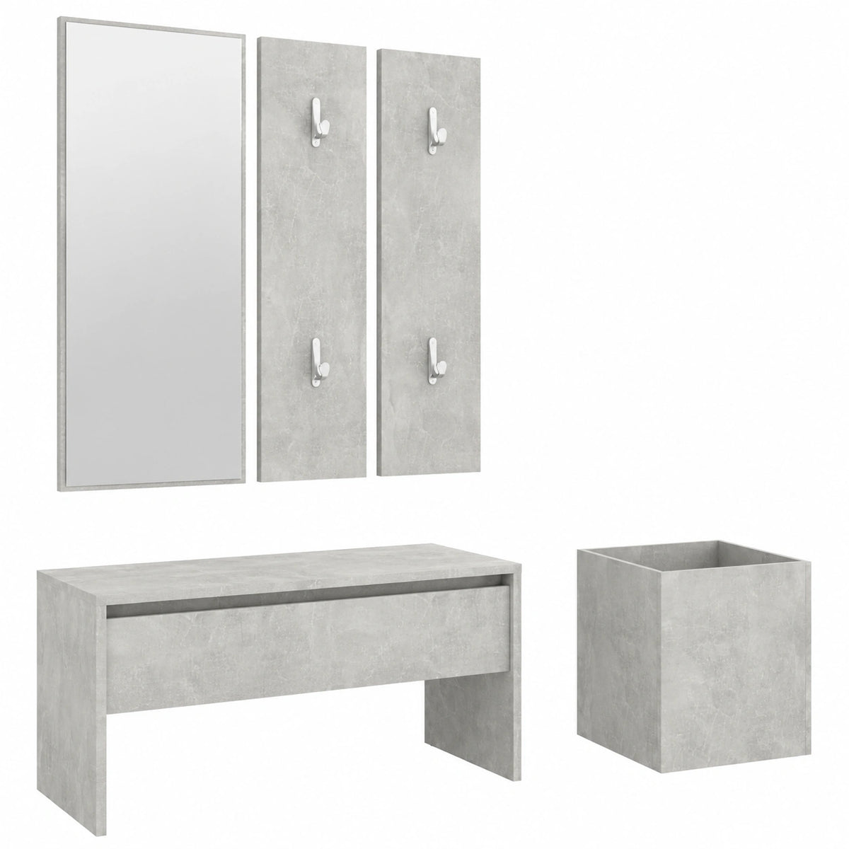 Guardaroba multifunzionale con specchio, panca e appendiabiti in legno effetto cemento grigio, ideale per ingresso