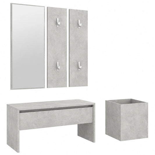 Guardaroba multifunzionale con specchio, panca e appendiabiti in legno effetto cemento grigio, ideale per ingresso