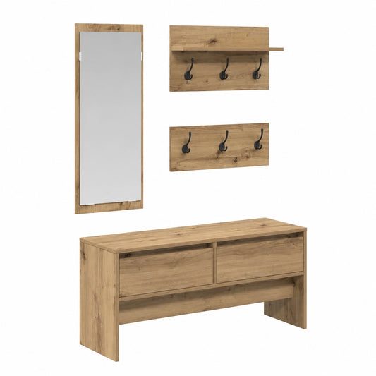 Set Arredo Ingresso 4 Pezzi in Rovere con Panca, Specchio Acrilico e Appendiabiti