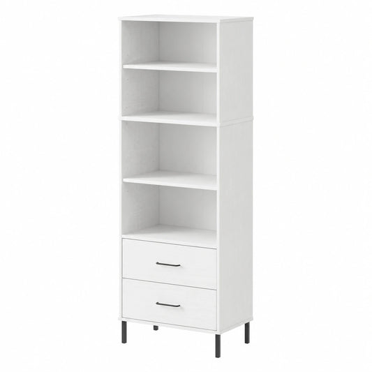 Scaffale Oslo in legno di pino bianco, 60x35x180 cm, con 4 ripiani e 2 cassetti, ideale per casa e ufficio