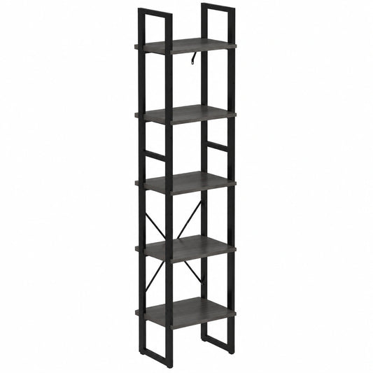 Libreria Alta in Legno di Pino e Metallo Grigio con 5 Ripiani, 40x30x175 cm