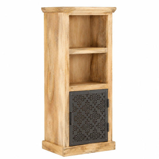 Credenza alta in legno di mango con due ripiani aperti, 45x32x110 cm