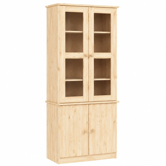 Vetrina Alta in Legno di Pino Naturale con Ante in Vetro, 77x35x186,5 cm, per Soggiorno e Sala da Pranzo