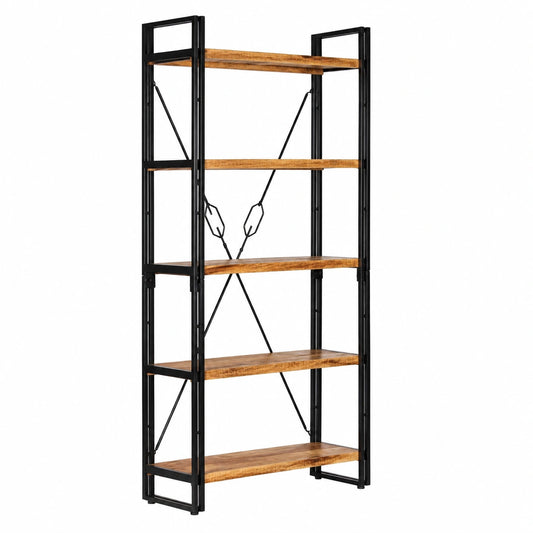 Libreria Industriale in Legno di Mango e Acciaio, 5 Ripiani, 60x30x180cm