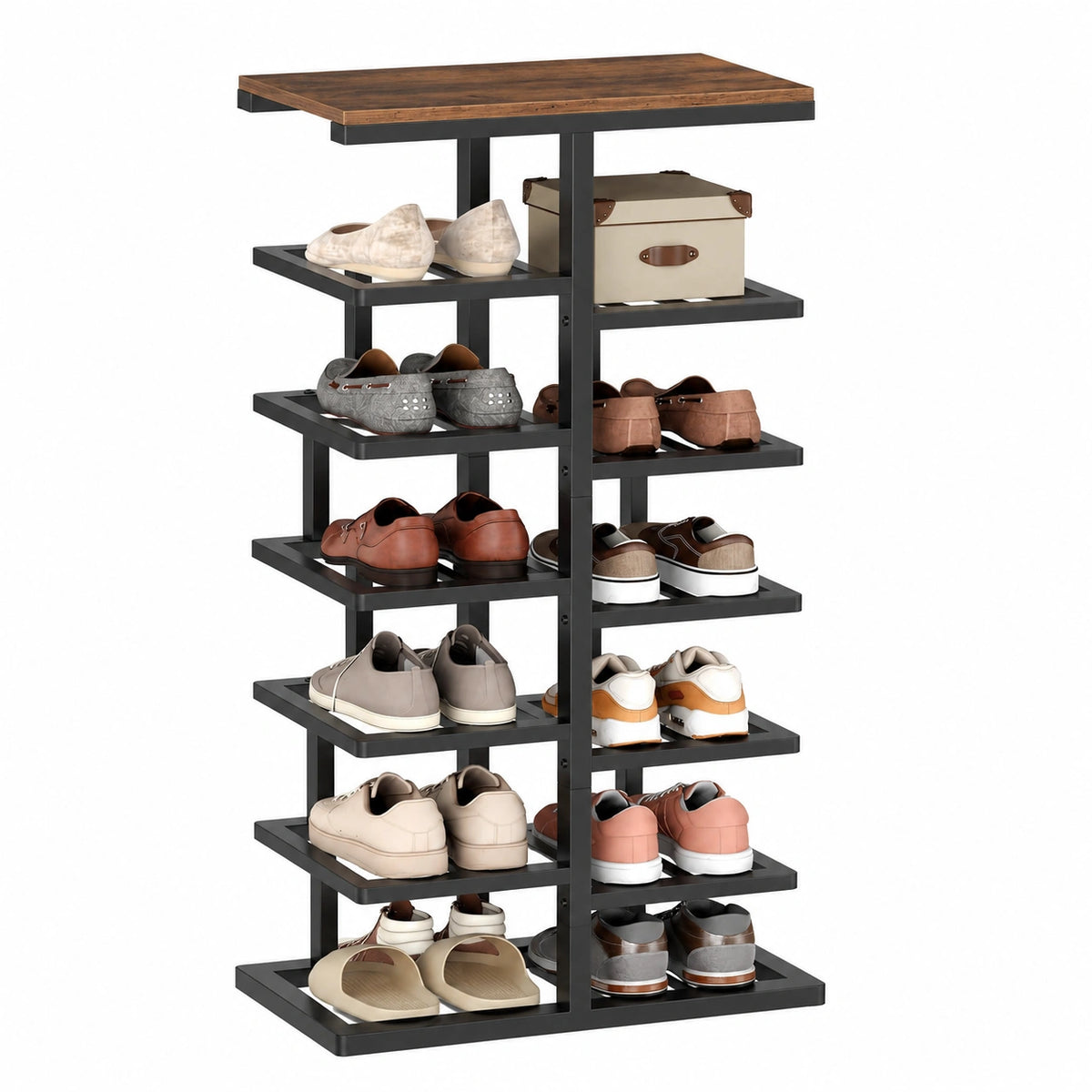 Scarpiera Verticale a 8 Ripiani in Metallo, Organizzatore Salvaspazio per Scarpe, Adatto per Ingresso e Camera, Design Marrone Vintage e Nero