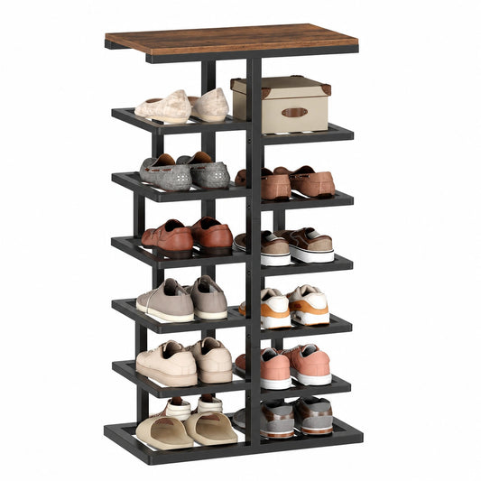 Scarpiera Verticale a 8 Ripiani in Metallo, Organizzatore Salvaspazio per Scarpe, Adatto per Ingresso e Camera, Design Marrone Vintage e Nero