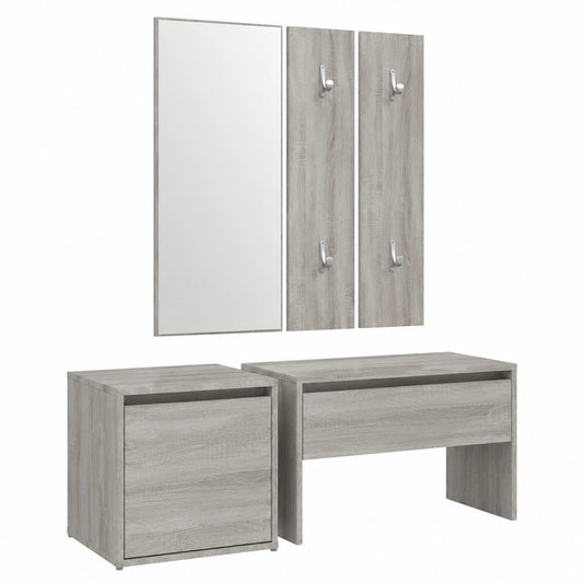 Panca Ingresso in Legno Multistrato con Specchio e Appendiabiti, Mobile Multifunzione con Cassetto Scarpe e Libreria per Soggiorno e Corridoio