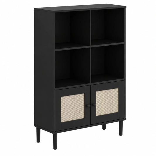 Libreria SENJA in legno di pino con effetto rattan, 90x35x130 cm, scaffale espositivo elegante