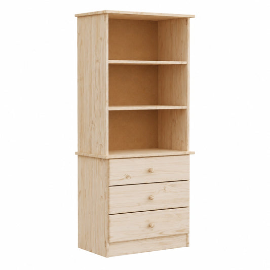 Libreria in legno di pino massello con 3 cassetti, 60x35x142 cm, per soggiorno, design naturale