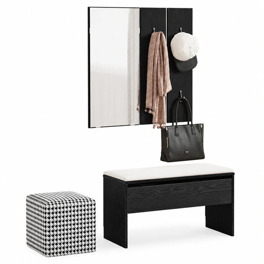 Arredo Ingresso 4 Pezzi in Legno Rovere Nero con Specchio, Panca, Cassetto e Appendiabiti