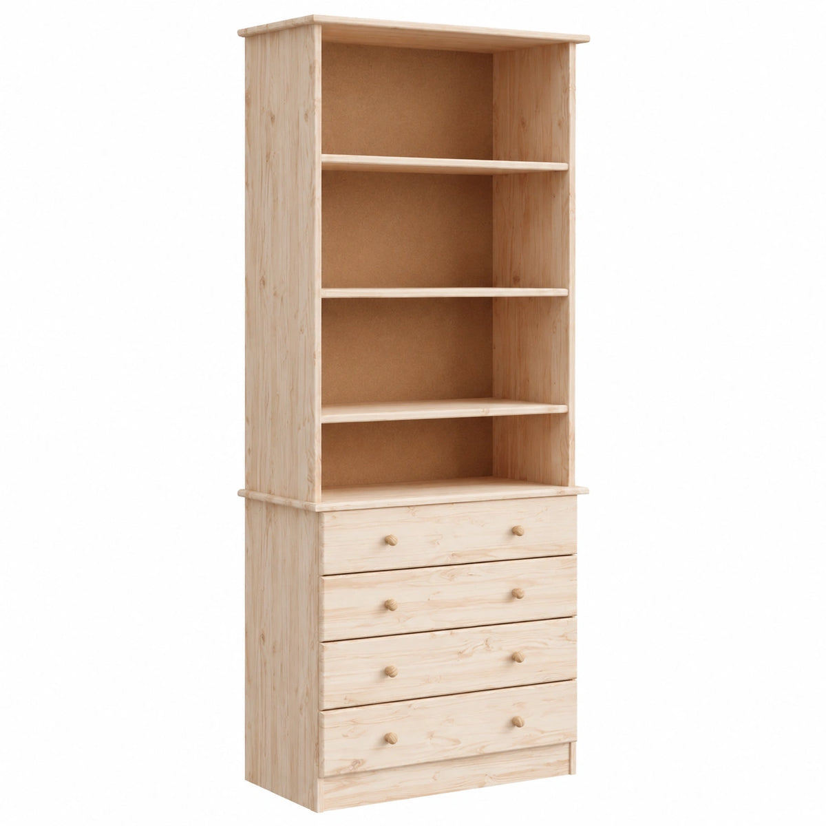 Libreria in legno di pino massello con 4 scomparti e cassetti, 77x35x186,5 cm, design versatile