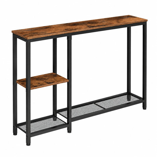 Tavolo Consolle con Mensole Portaoggetti, Design Industriale in Metallo e Legno, per Ingresso e Corridoio, Marrone e Nero