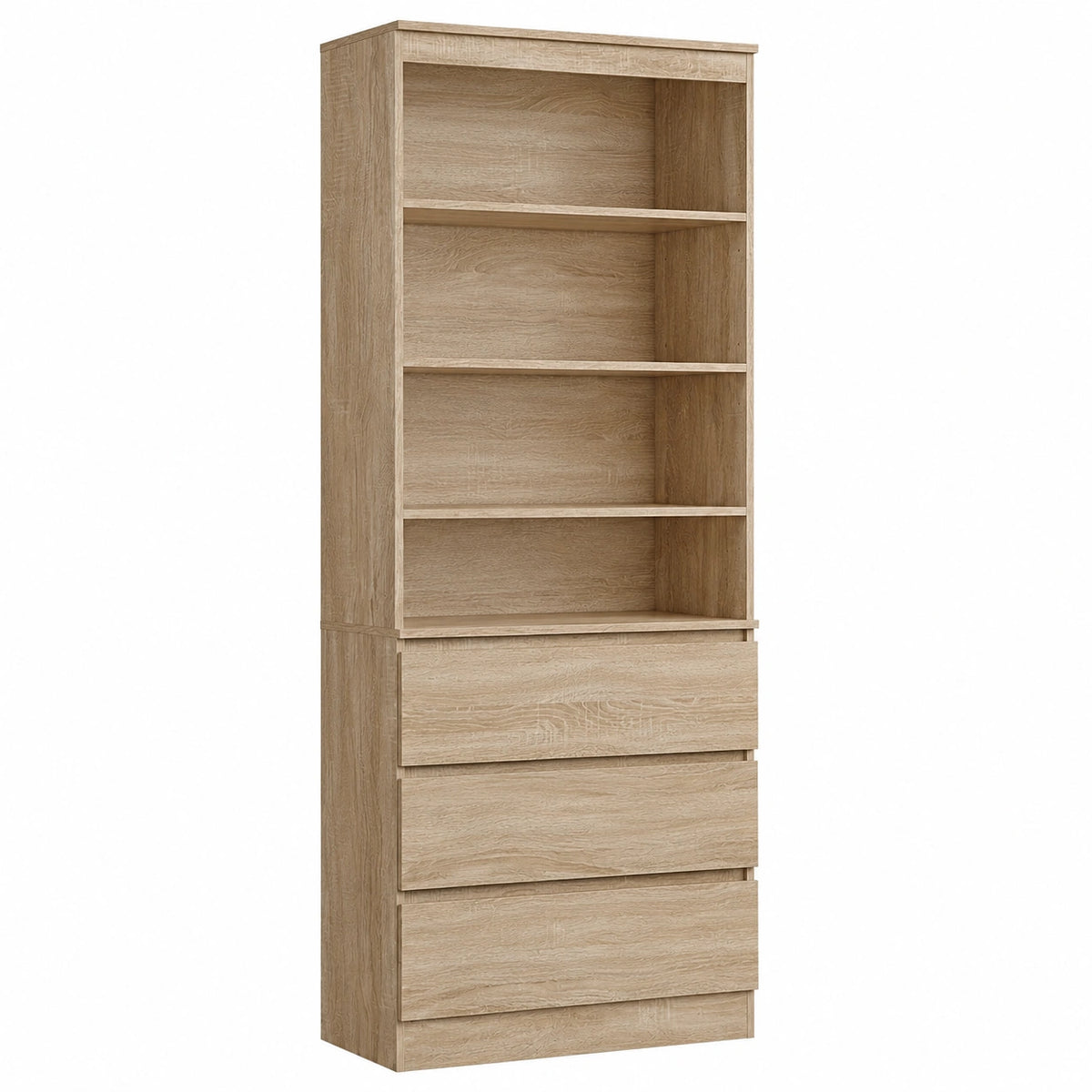 Libreria Verticale FirFurd in Rovere con 4 Vani Aperti e 3 Cassetti, Ripiani Regolabili, 202 cm, per Casa e Ufficio