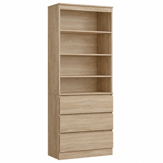 Libreria Verticale FirFurd in Rovere con 4 Vani Aperti e 3 Cassetti, Ripiani Regolabili, 202 cm, per Casa e Ufficio