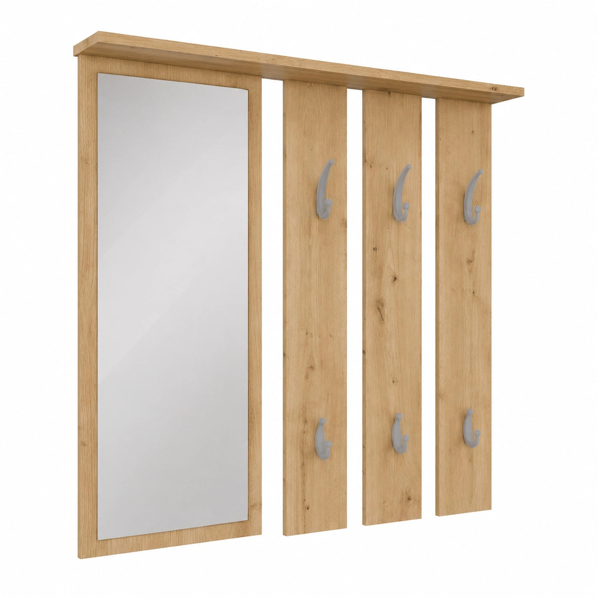 Appendiabiti da Parete Moderno con Specchio e Mensola, 6 Ganci, Rovere/Bianco, 85x82x15 cm