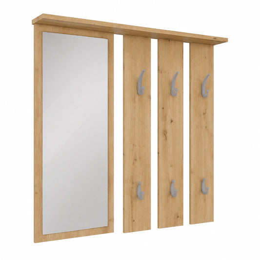 Appendiabiti da Parete Moderno con Specchio e Mensola, 6 Ganci, Rovere/Bianco, 85x82x15 cm